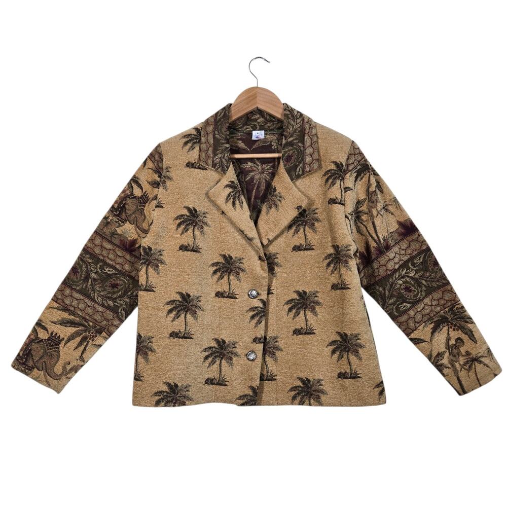 Vintage Tapestry Jacket L Gold Palm Tree Elephant Coastal Boho Safari